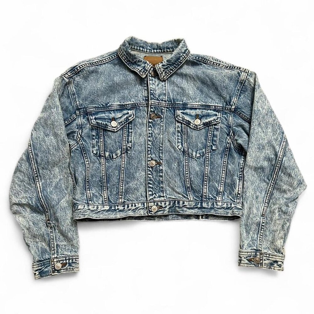 American Eagle Acid Wash Cropped Denim Trucker Grunge Y2K Festival Jacket Size M